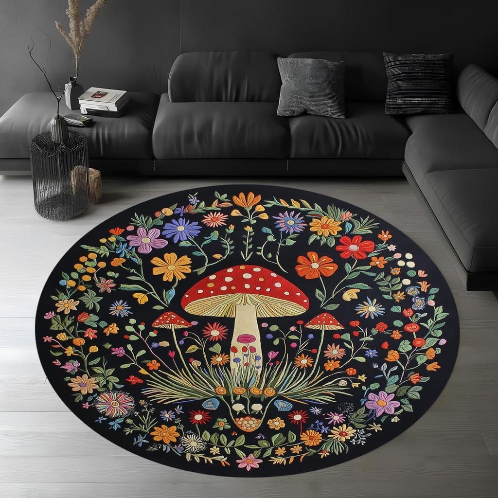 [Novos produtos] Tapete com padrão de cogumelo 3D Visual Tapete redondo para decoração de sala de estar doméstica Tapete