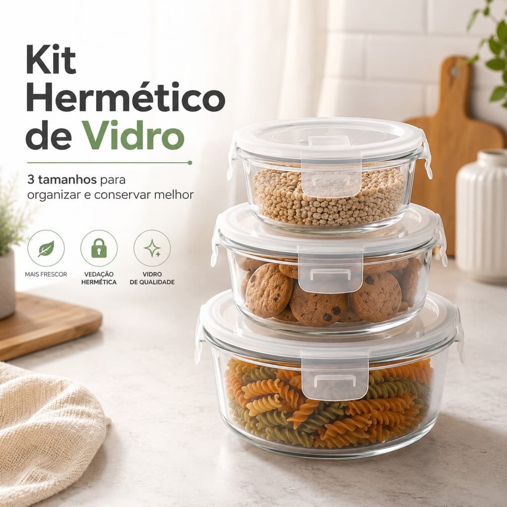 Kit 3 Potes Herméticos de Vidro Redondos 850ml 560ml 360ml para Mantimentos e Alimentos