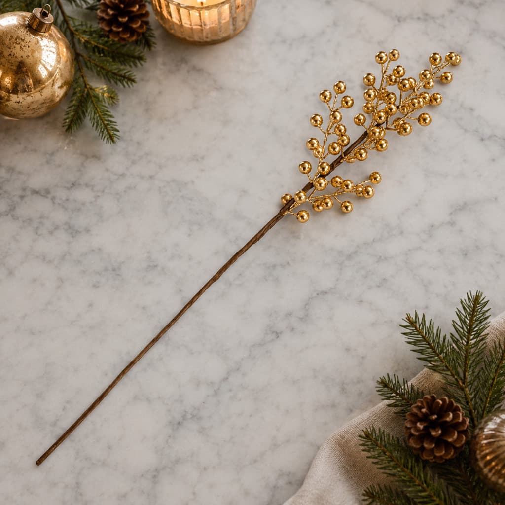 Galho Artificial Berry Dourado 60cm Haste Decorativa Frutos Dourados Natal Arranjo Floral Unidade