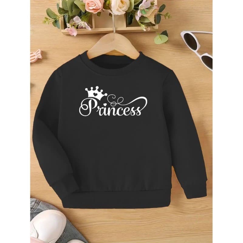 Moletom Aconchegante de Fleece com Estampa 'Princesa' para Meninas - Top Casual de Pulôver, Perfeito para Outono/Inverno