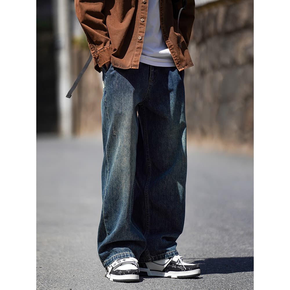 Americano Retro lavado angustiado zero bolso rotulagem Jeans retos masculino Street Wear primavera outono solto calças d
