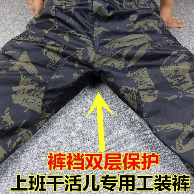 Calças camufladas masculinas estilo verão calças de trabalho resistentes ao desgaste macacão de bolso grande solto cintu