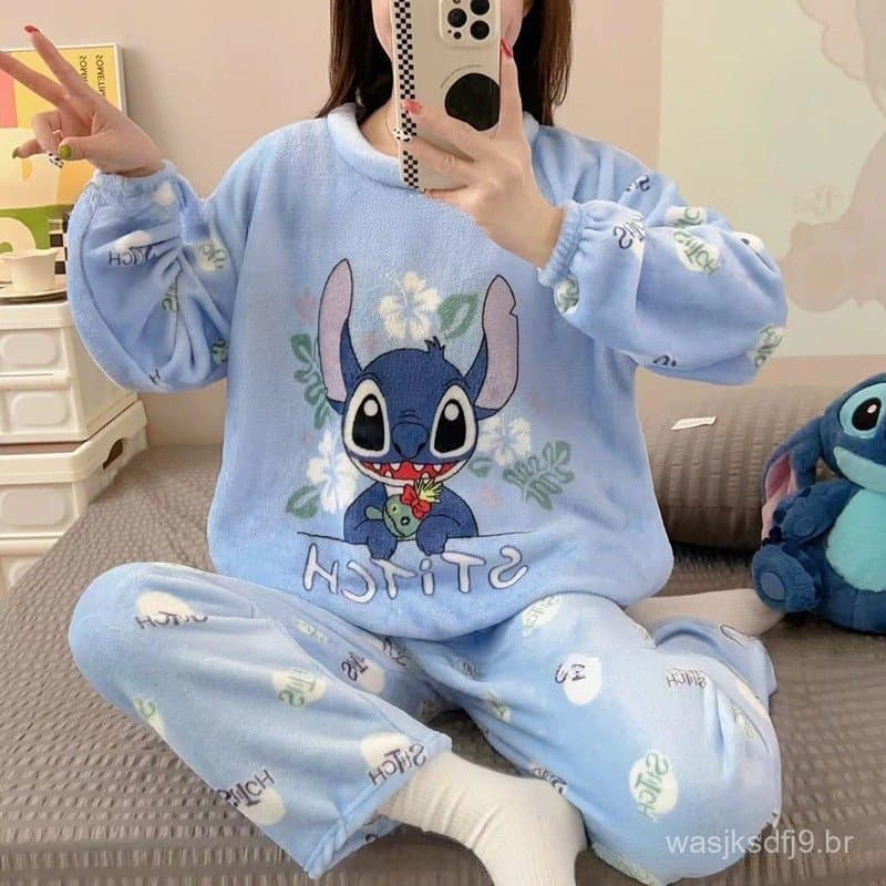 Enviado dentro de 48 horas Pijama feminino Casual de flanela manga comprida pijama de lã Coral calça pijama feminino