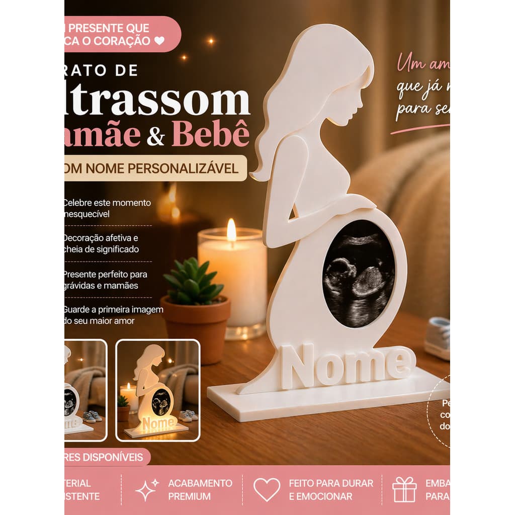 Porta Retrato Ultrassom Mamãe e Bebê Personalizado com Nome | Presente para Gestante Chá Revelação Decoração Quarto Bebê