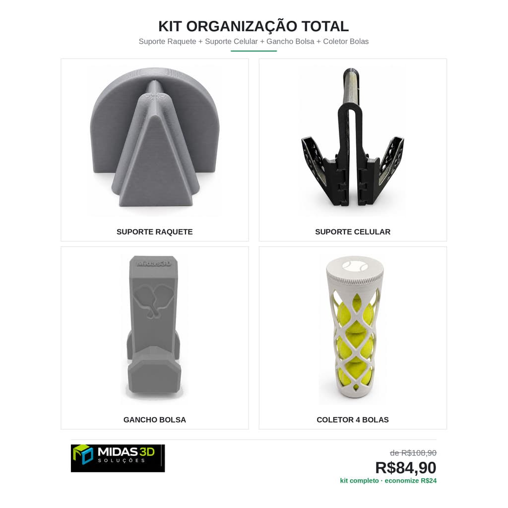 Kit Organização Total - Suporte Raquete + Suporte Celular + Gancho Bolsa + Coletor Bolas