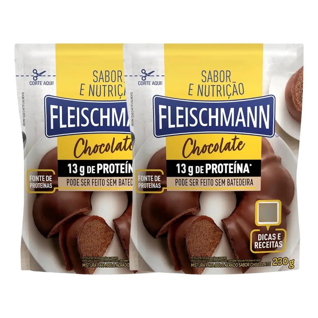 Kit 2 Misturas para Bolo Proteico Fleischmann Chocolate 230g Preparo Prático para Lanches e Sobremesas