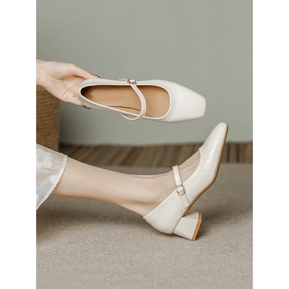Versão de pele de carneiro ~ Retro Mary Jane sapatos femininos 2026 novo estilo dedo do pé quadrado fivela de salto gros