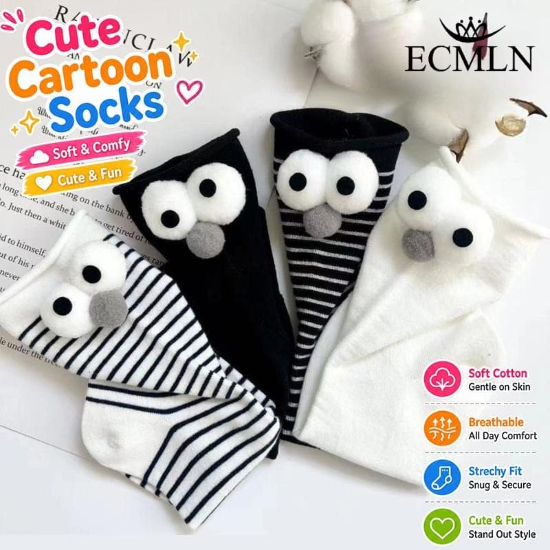 ECMLN 1/4 Pares Femininos 3D Big Eye Meia Panturrilha Meias Pretas Listradas Brancas Fofas Japonesas Enroladas Casuais