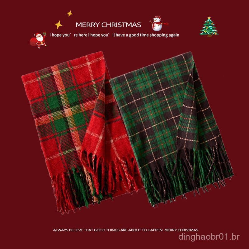 Cachecol Quente de Outono Inverno para Mulheres, em Xadrez Verde, Imitação de Cashmere, Cachecol de Natal, Cachecol Verm