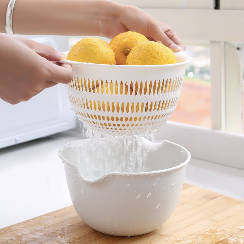 Bacia de lavagem de vegetais de camada dupla Cesta de drenagem de plástico Bacia de drenagem Dispositivo de lavagem de a