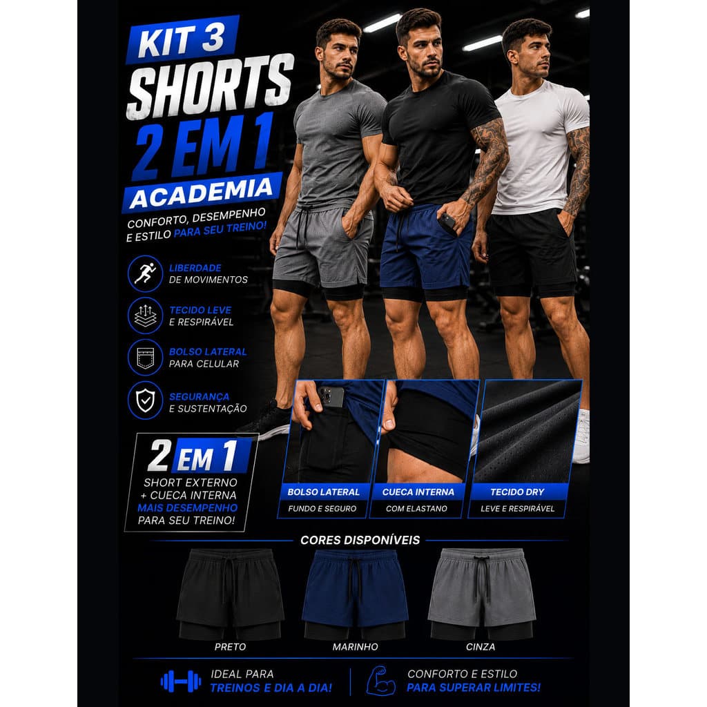 Kit 3 Short's Academia 2 em 1 Short Masculino Esporte Bermuda Treino Masculina