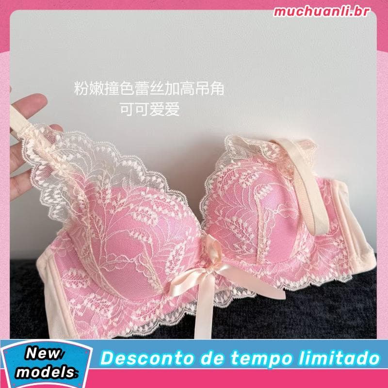 Pequeno querido Bowknot francês puro desejo contraste cor renda roupa interior feminina seios pequenos reunidos olhar su