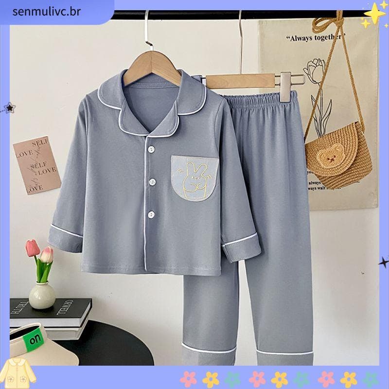 Pijama de algodão puro infantil lapela terno médio grande crianças meninas Homewear Cardigan de manga comprida primavera
