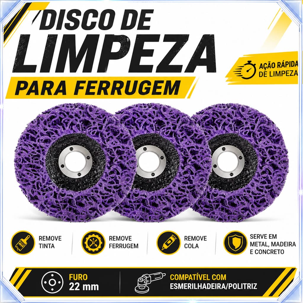Disco Limpeza Roxo 3 Unidades para Esmerilhadeira Diâmetro Interno 22mm Remove Ferrugem Tinta Cola