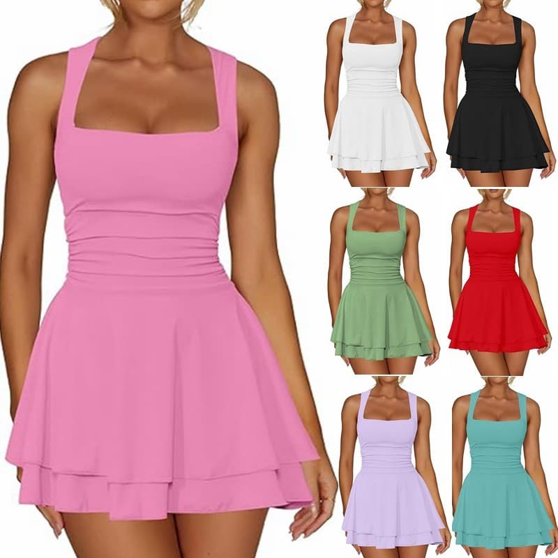 2026 comércio exterior Cross-Border roupas femininas venda quente pescoço quadrado cintura plissada bainha Mini vestido
