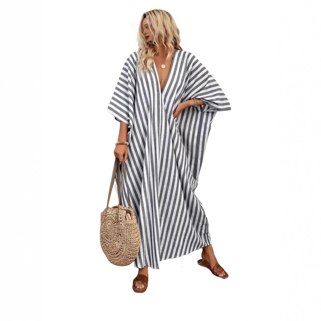 Pronto estoque Cross-Border 2026 verão novo estilo moda solta Casual com decote em V listrado vestido longo de férias