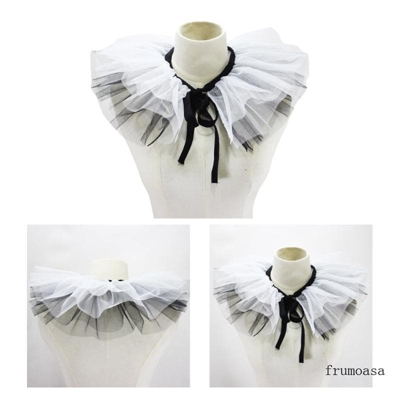 Fru Feminino Vitoriano Plissado Malha Colar Xale Renascentista Preto Branco Tule Palhaço Cosplay R