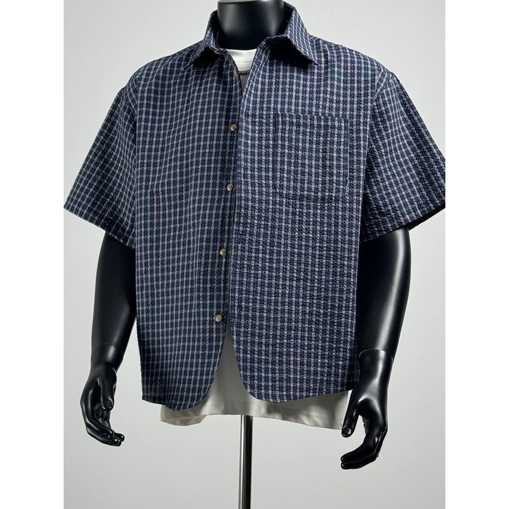 Estilo japonês casal Seersucker verificado camisa de manga curta meninos verão Retro All-Match solto estilo preguiçoso c
