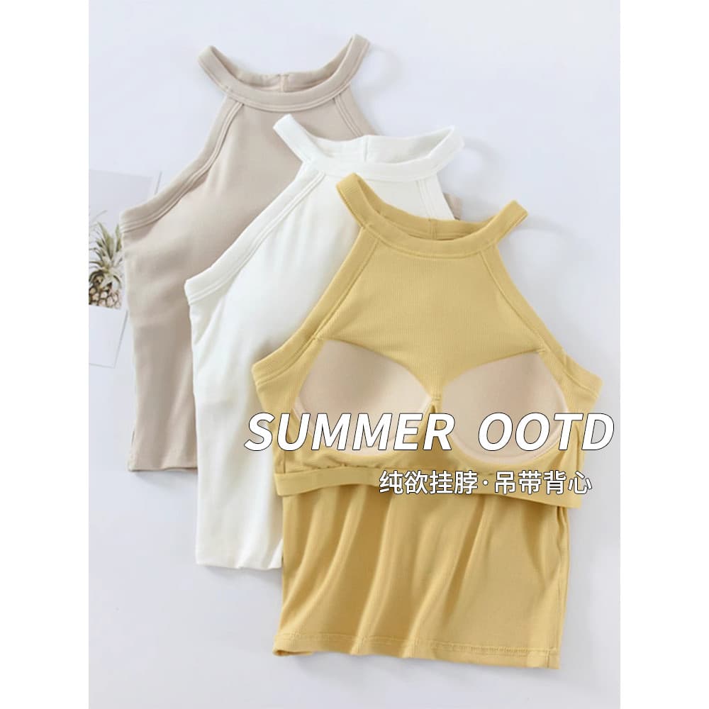 Halter colete esportivo feminino com almofada no peito camisola de uma peça verão fino ajuste curto Yoga rosqueado sem m