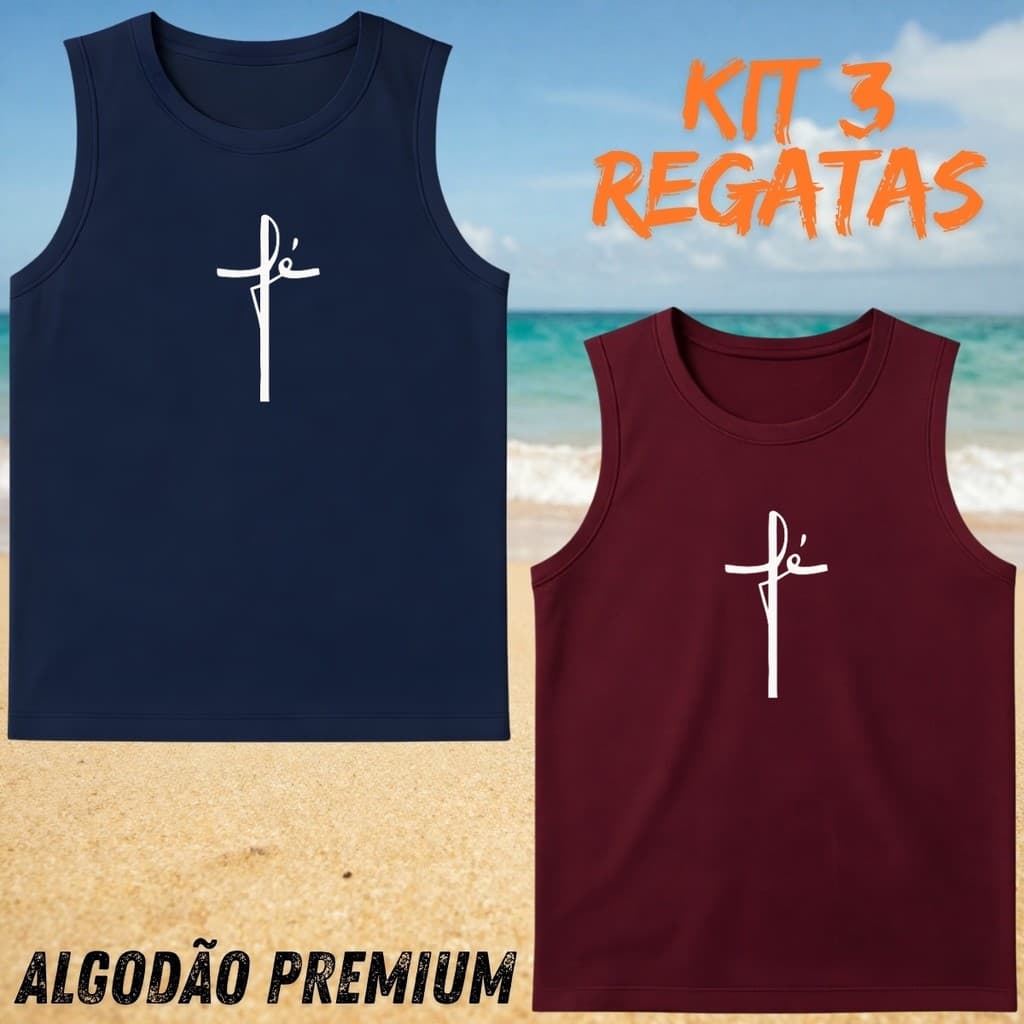 kit 2 Regatas Masculina Cavada Algodão Leve e Confortavel - FÉ