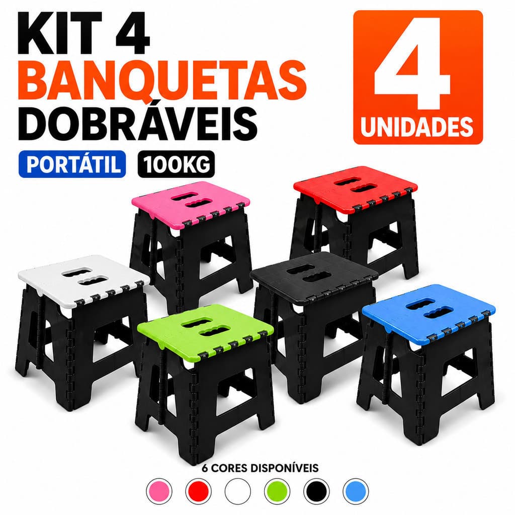 Kit 4 Banquetas Dobráveis 100kg Portátil Alça 32cm Plástico Reforçado Multiuso Casa Camping Banco Compacto Pesca