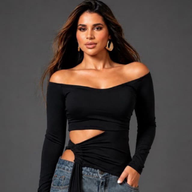 Blusa Feminina Manga Longa Cropped Ombro a Ombro Transpassada com Amarração | Moda Feminina