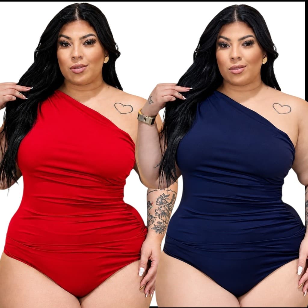 Kit 2 Body Plus Size Regata Plisado Mula Manca Um Ombro Só Slim Suplex Premium Moda Verão Festa