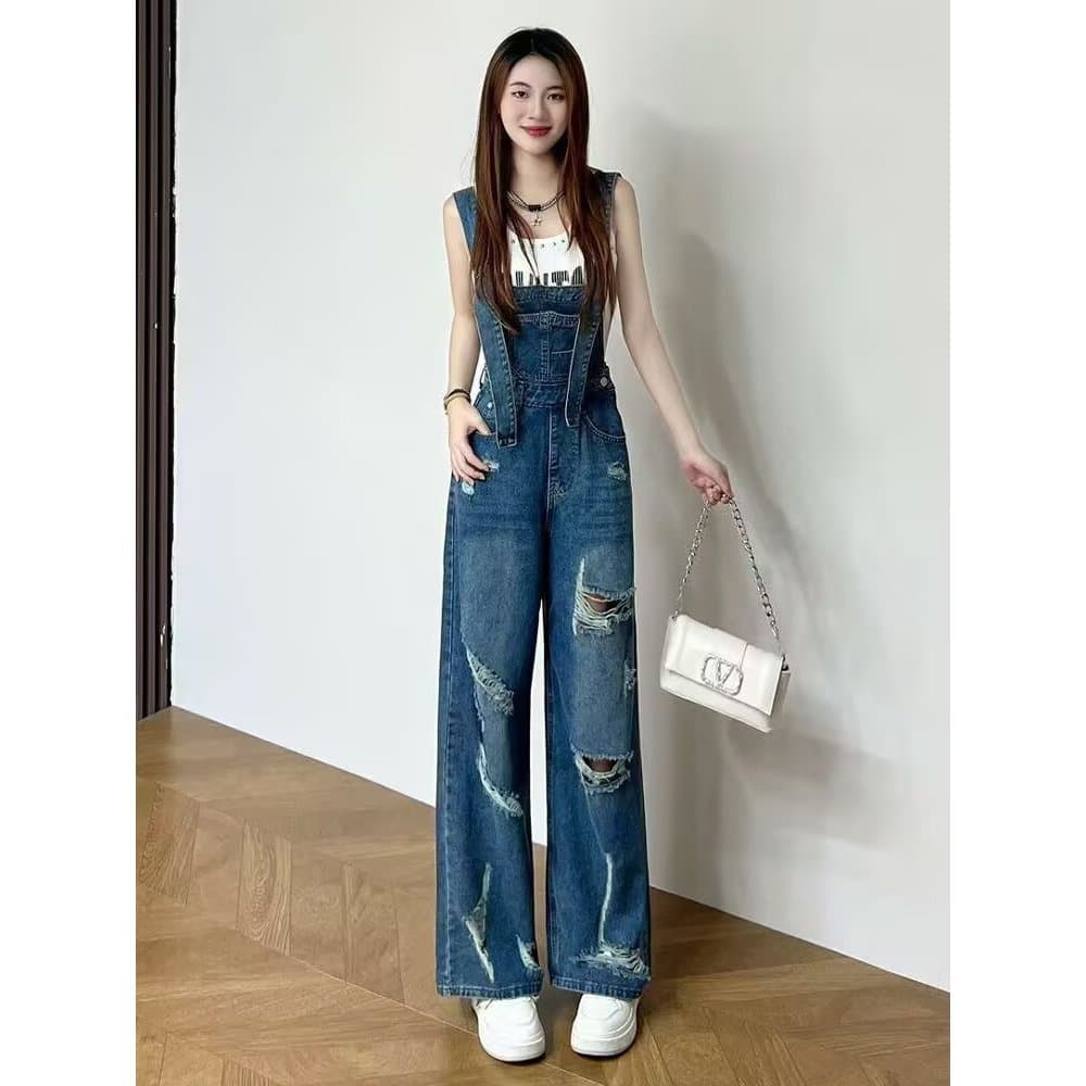 Hong Kong estilo Retro lavado rasgado Denim macacão feminino verão novo estilo solto mais magro olhar macacão em linha r