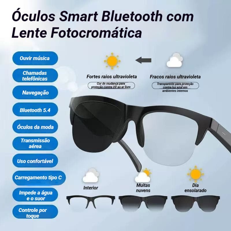 Óculos Smart Bluetooth com Áudio, Música e Chamadas, Lente Fotocromática UV que Escurece no Sol
