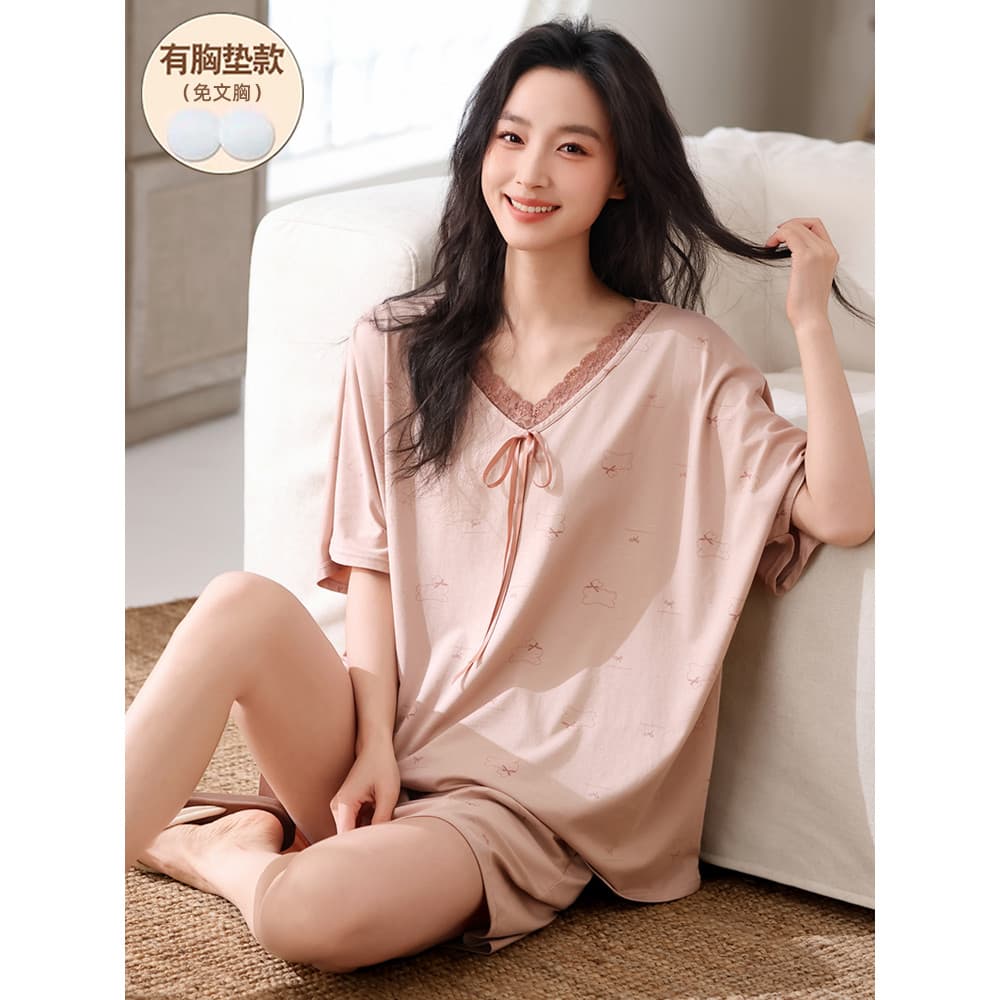 Pijama Modal feminino com almofadas no peito verão manga curta Plus Size pode usar fora 2026 novo estilo terno fino esti