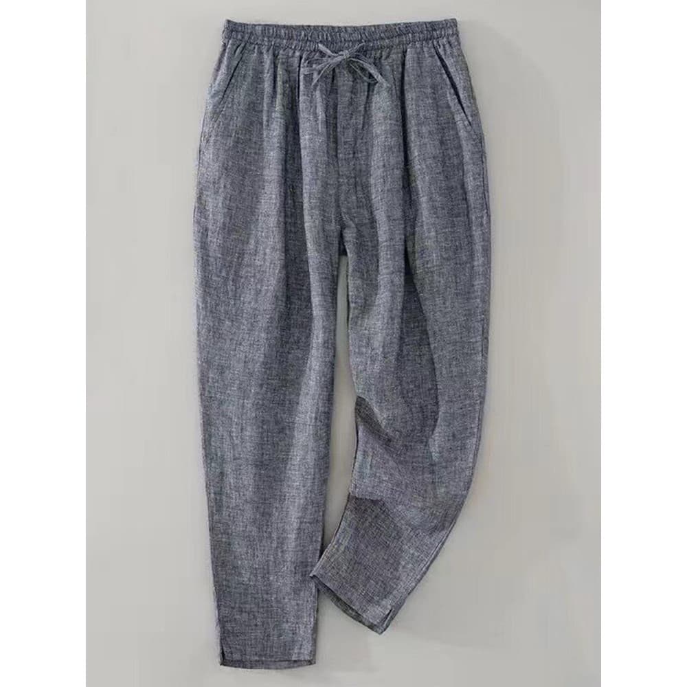 Calças masculinas de linho puro tingido com fio, calças de perna reta, calças casuais masculinas de verão, calças de lin