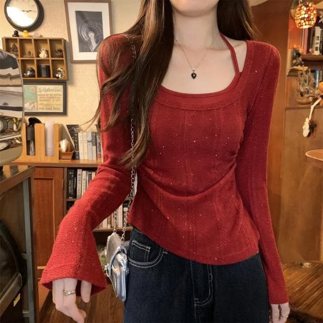 [Promoção por tempo limitado] Camisa de fundo falsa de duas peças com gola Halter de tamanho grande feminina interna ext