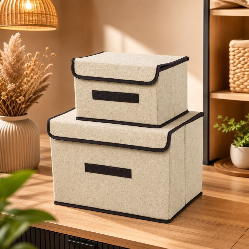 Kit 2 Caixas Organizadoras com Tampa e Alça | Tamanhos M e G | Multiuso para Armário, Closet, Quarto e Prateleiras