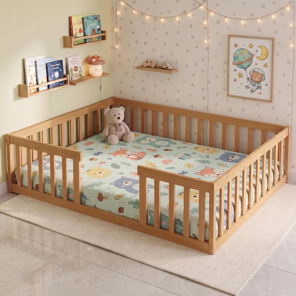 Cama Montessoriana Casal Madeira Maciça Reforçada com Grade