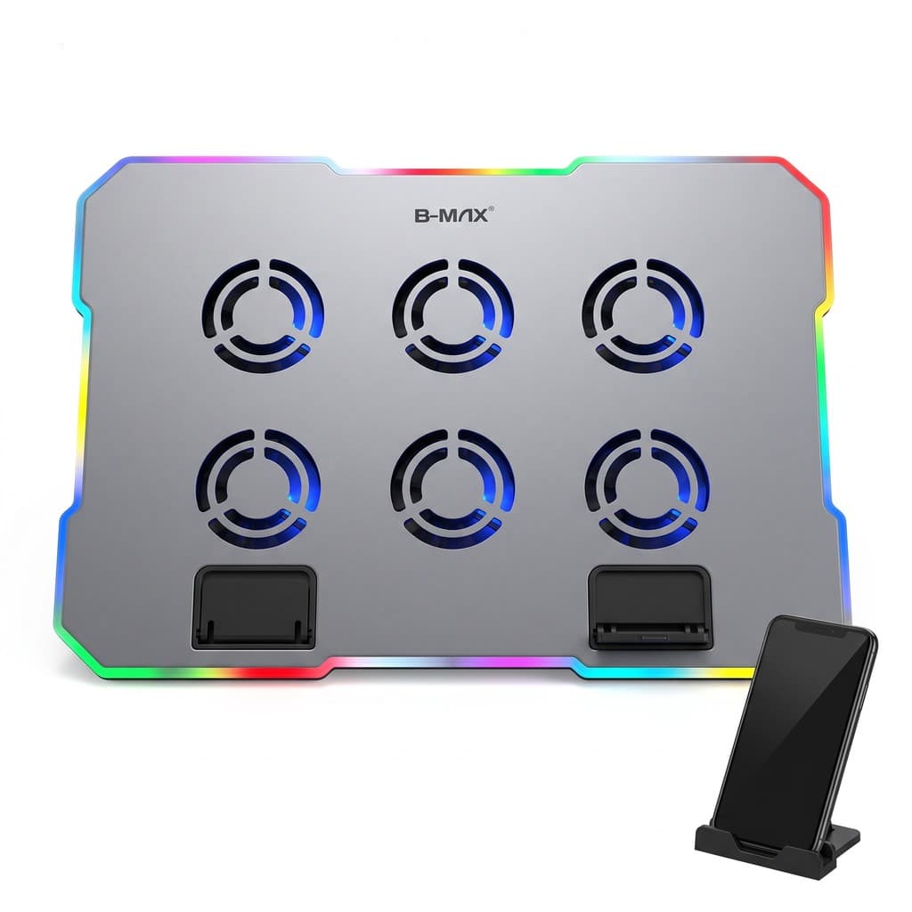 Base Cooler para Notebook Gamer com 6 Fans, LED e Suporte para Celular