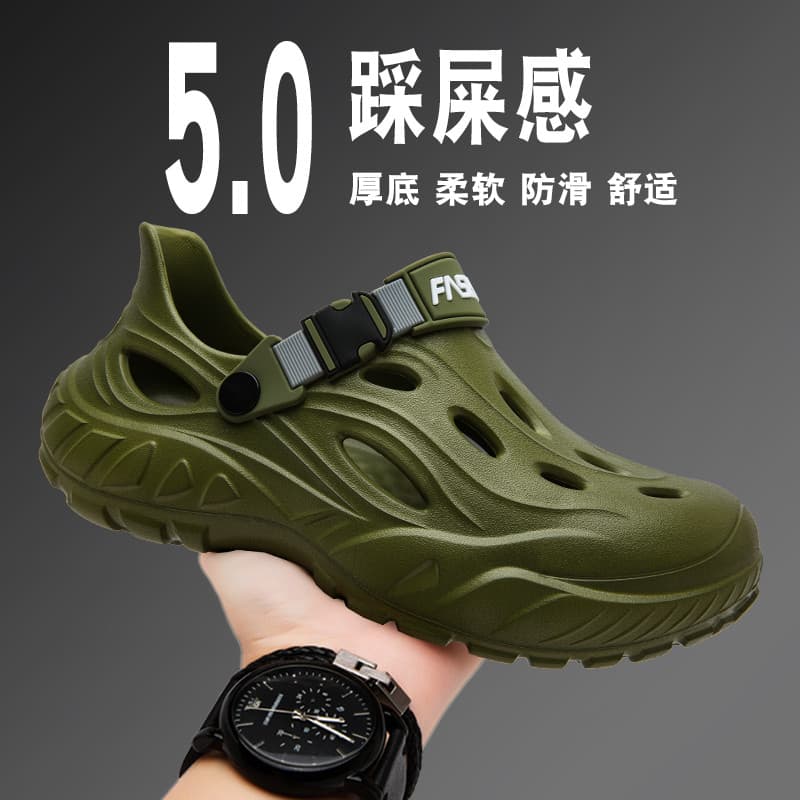 Sapatos masculinos de seda com buraco para o verão, roupa externa antiderrapante, sensação de merda, chinelos Baotou par