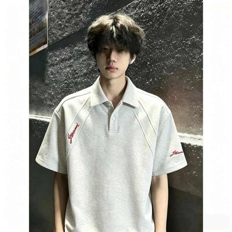 Flor branca cinza separado bordado camiseta masculina verão cleanfit ombro genuíno de manga curta americano Street Wear