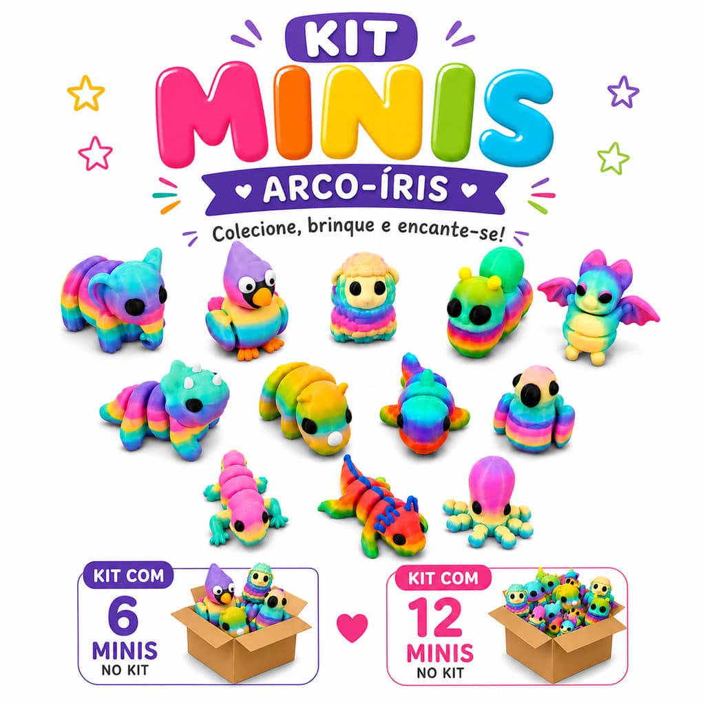 Kit Mini Animais Arco-Íris Articulados Flexíveis Coloridos Rainbow Colecionáveis Sortidos