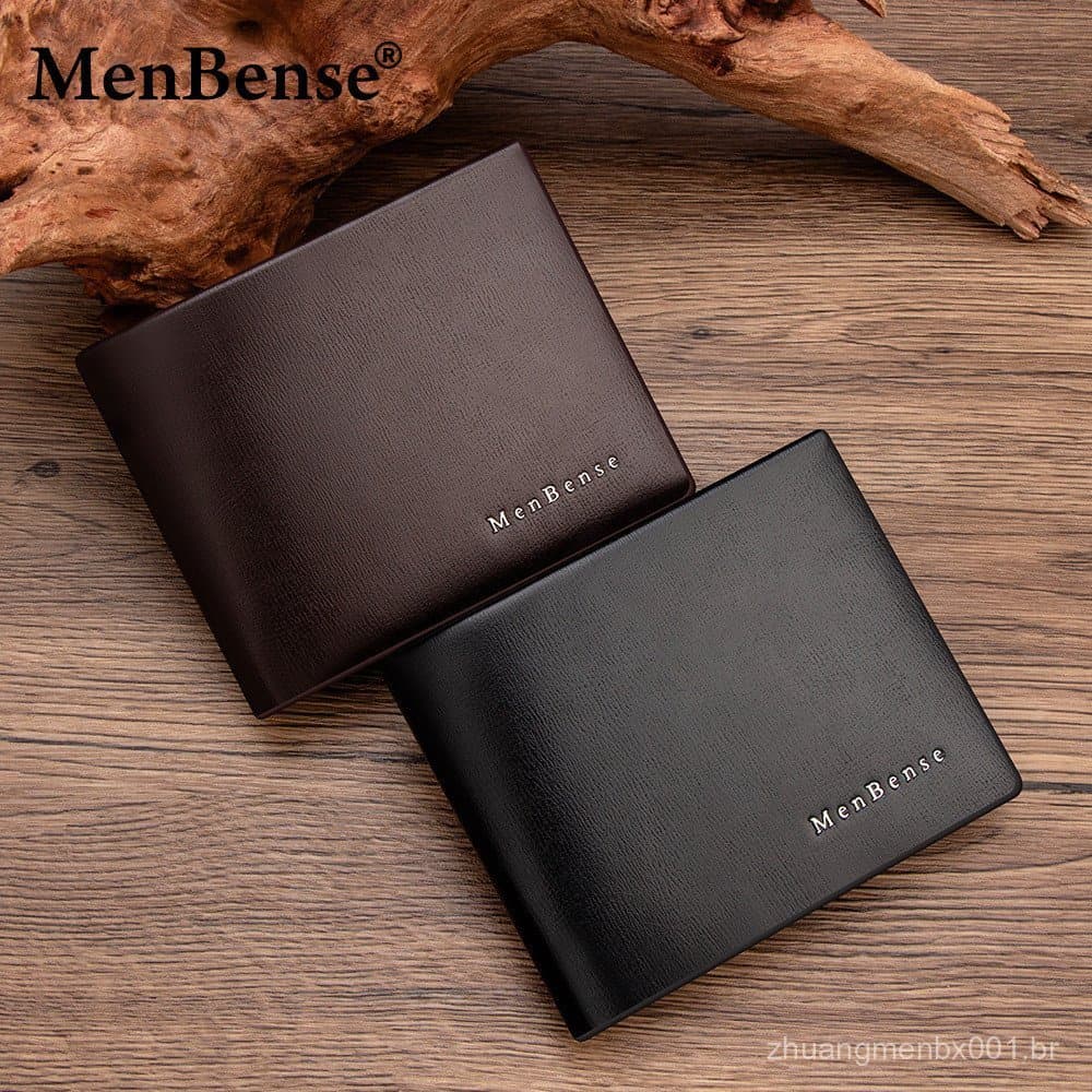 Carteira masculina horizontal de negócios com textura de couro genuíno, carteira curta de couro, carteira masculina dobr