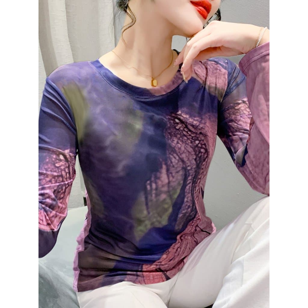 Gaze de manga comprida impressa camiseta feminina outono inverno novo estilo produtos europeus Design sentimento tempera