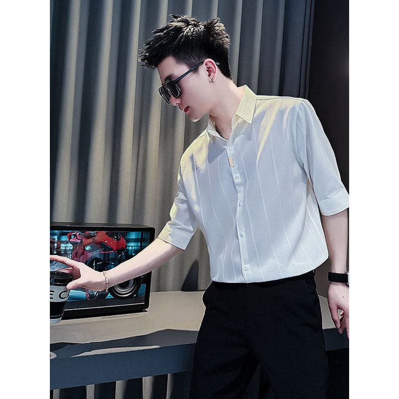 6 novo estilo rufião bonito estilo camisa de seda gelo masculina manga três quartos Super quente redução de idade Popula