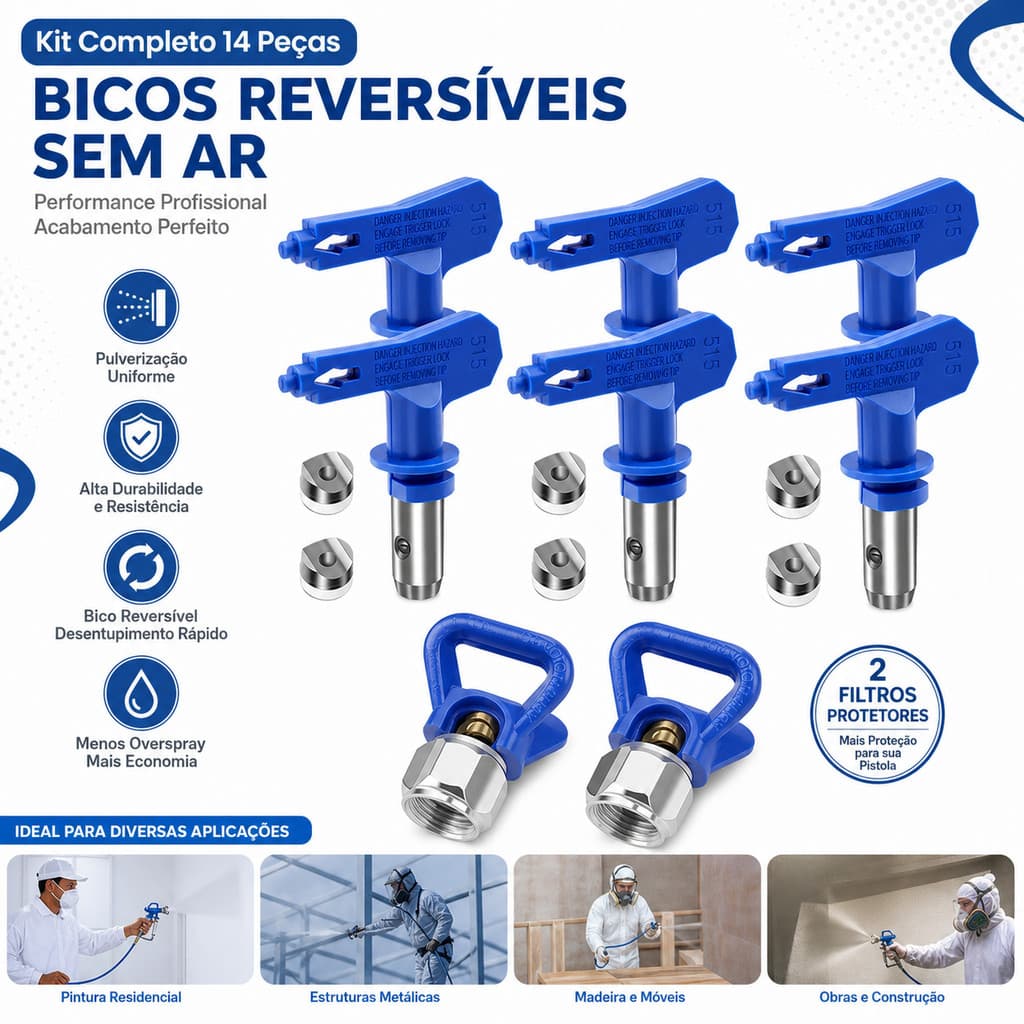 Kit 14 Bicos Reversíveis Sem Ar + Filtro Protetor | Acessórios para Pistola de Pintura Profissional e Durável