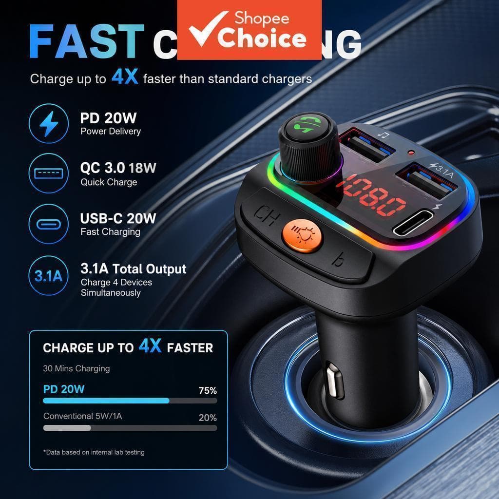 Carregador USB Para Carro 3.1a Pd Carga Rápida Transmissor Fm BLUETOOTH 5.0 Receptor De Áudio Mp3 Player Cartão Tf Adapt