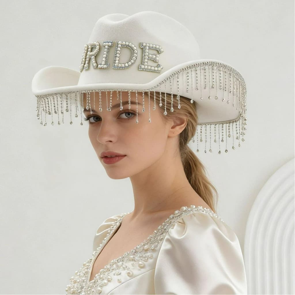 Chapéu de casamento feminino único estilo Cowboy ocidental de alta qualidade brilhante strass borla pérola carta noiva d