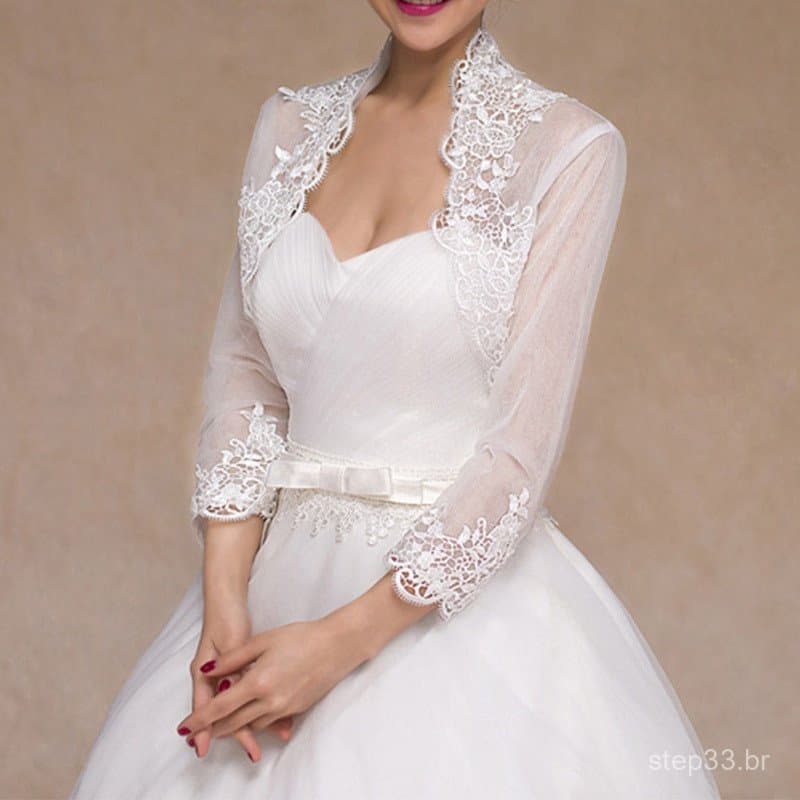 CM Feminino 3 4 Mangas Casamento Para Jaqueta Capa Bordado Floral Renda Guarnição Retalhos Envoltório Encolher Bolero Fe