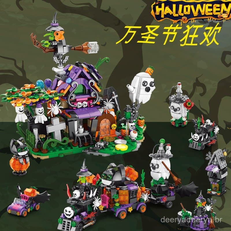 Casa assombrada de blocos de montar para o Halloween, lanterna de abóbora, trem da casa assombrada, brinquedo educativo