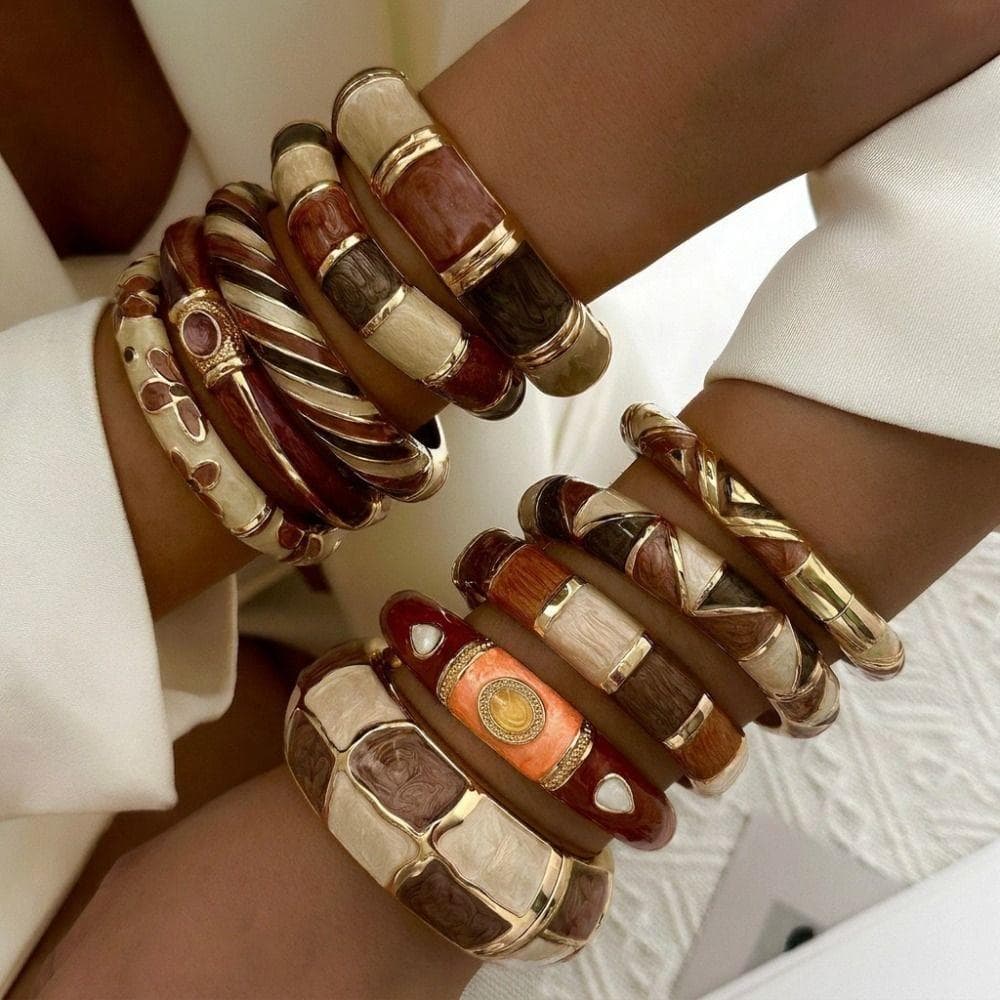 Pulseira De Pedra Incrustada Floral , Liga De Zinco Gotejamento Esmalte Vintage Café Marrom Larga