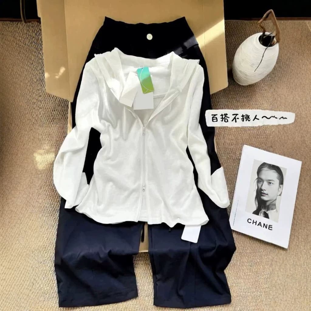 2026 estilo fino cintura estreita mais magro olhar All-Match Cardigan jaqueta verão novo estilo branco com capuz zíper p
