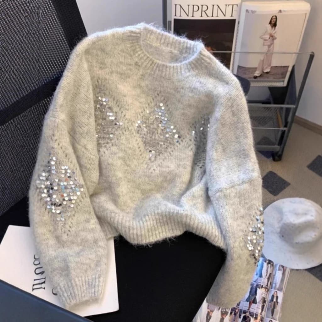 Estilo francês estilo ocidental indústria pesada lantejoulas em torno do pescoço camisola feminina outono inverno novo e
