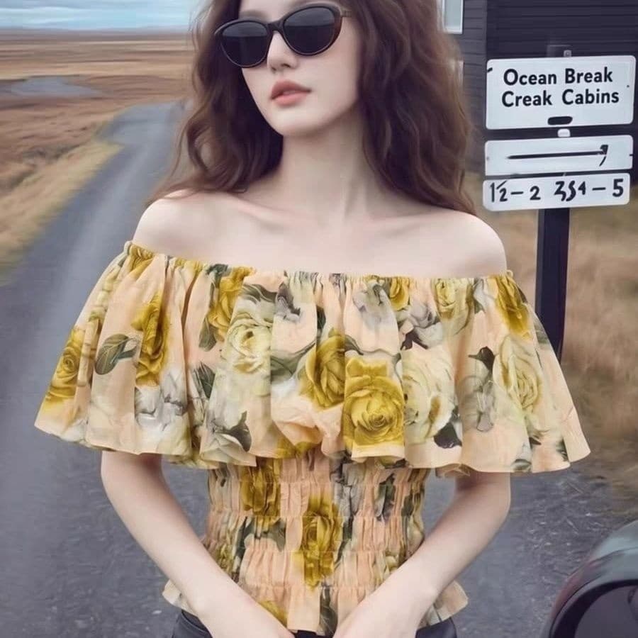 2026 Hong Kong Style Design Sense Top de estampa Floral de um ombro feminino amarelo fora do ombro reduzindo a idade tem